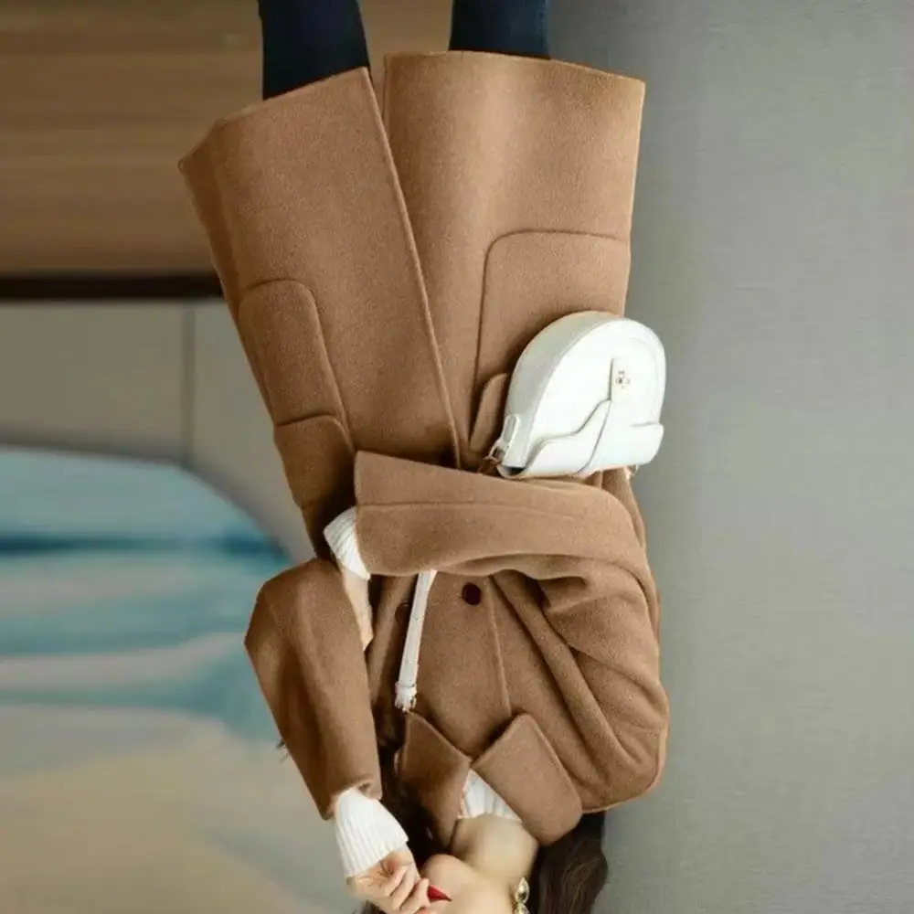 

Весна 2024, утепленное теплое пальто средней длины с лацканами и карманами, женское зимнее шерстяное пальто, двубортное шерстяное пальто