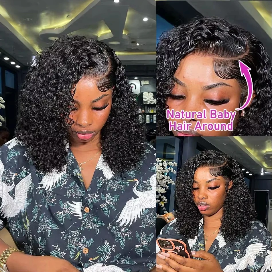 220% Density Short Bob Wig 16Inch 13x4 Water Deep Wave Lace Front Bob Wigs Human Hair 5x5 Lace Closure Curly Bob Wigs Human Hair