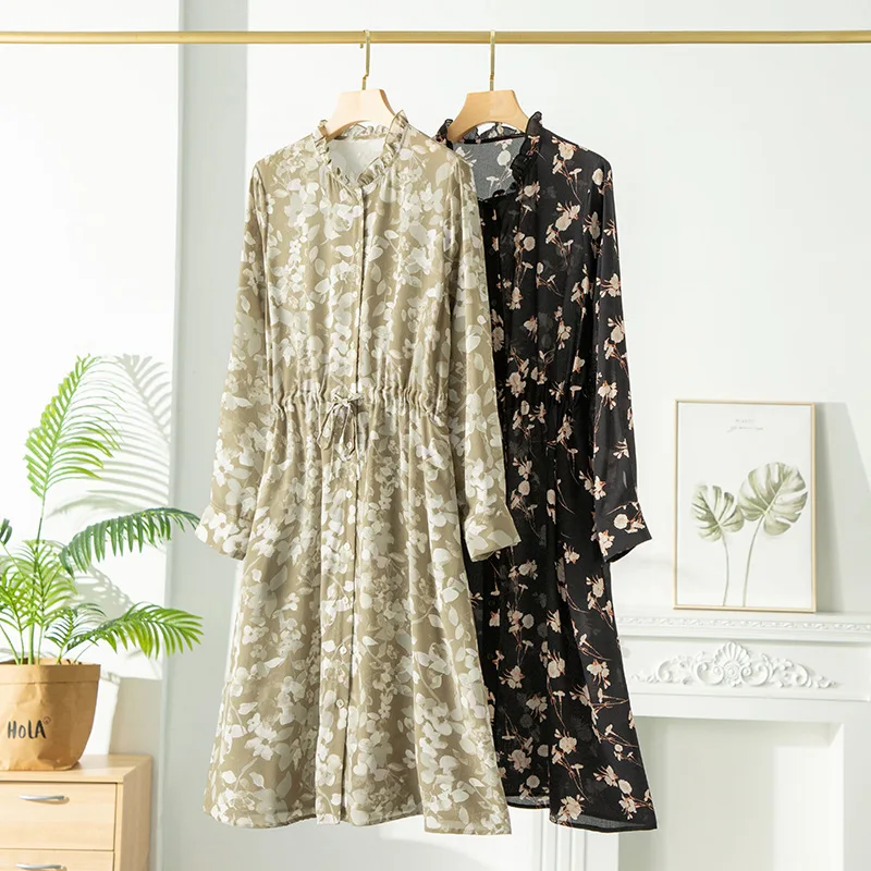 

Spring New Women's Mulberry Silk Dress 2024 Retro Silk Dress Long Silk Printed Flower Long Sleeve Dress Plus Size