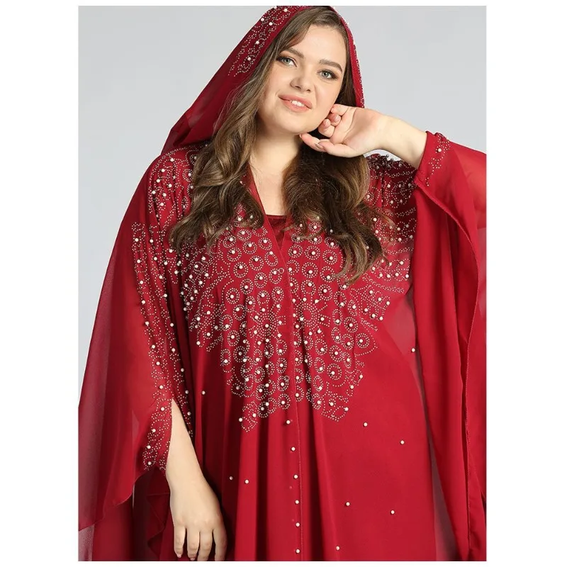 New Open Abaya Dubai Turchia Abito musulmano con cappuccio Donna Chiffon Caftano Perline Cardigan di lusso Plus Size Boubou Abbigliamento islamico