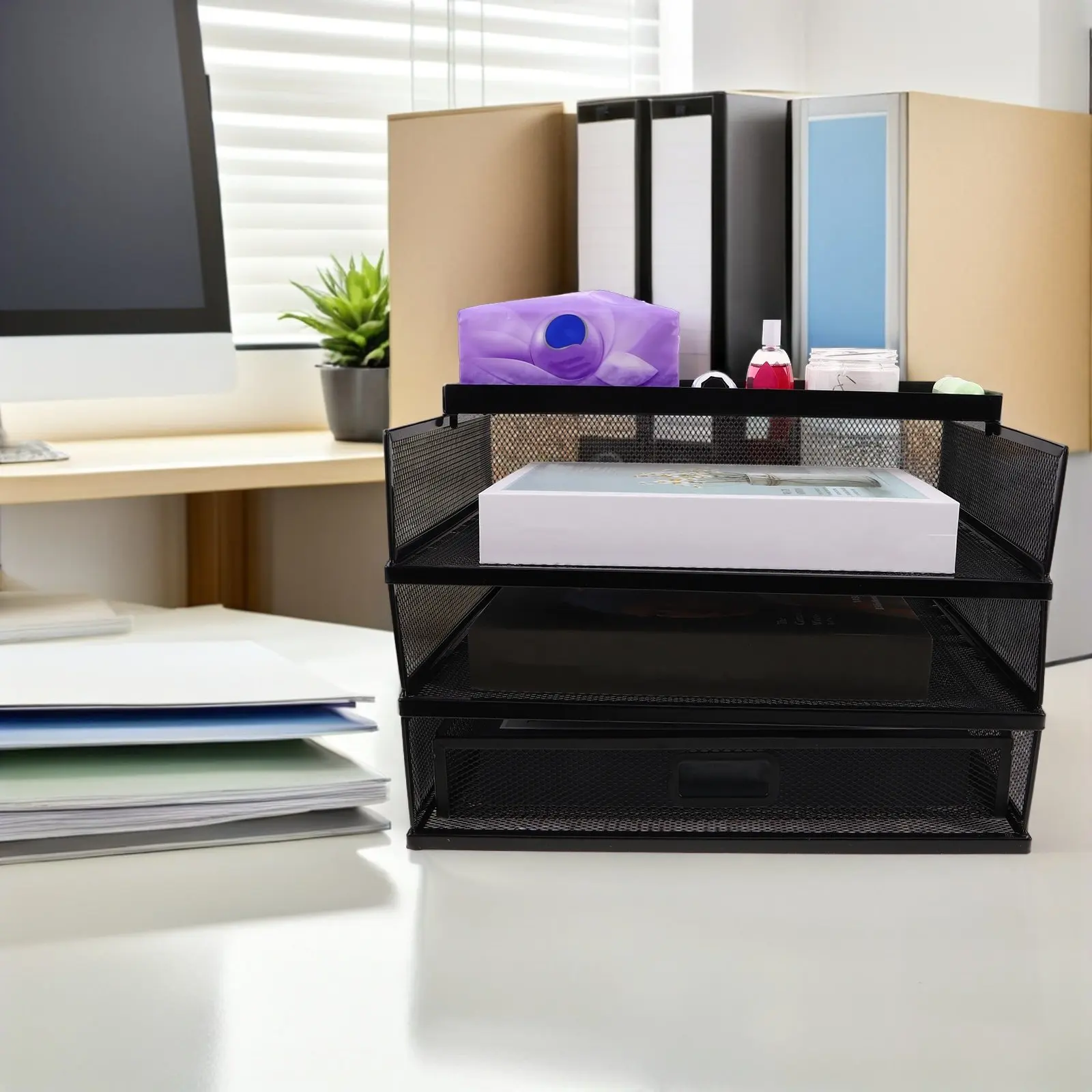 

Desktop File Organizer Rack Metal 3-Layer Drawer Type for Office Home School Documents Folders Letters Supplies Easy Clean