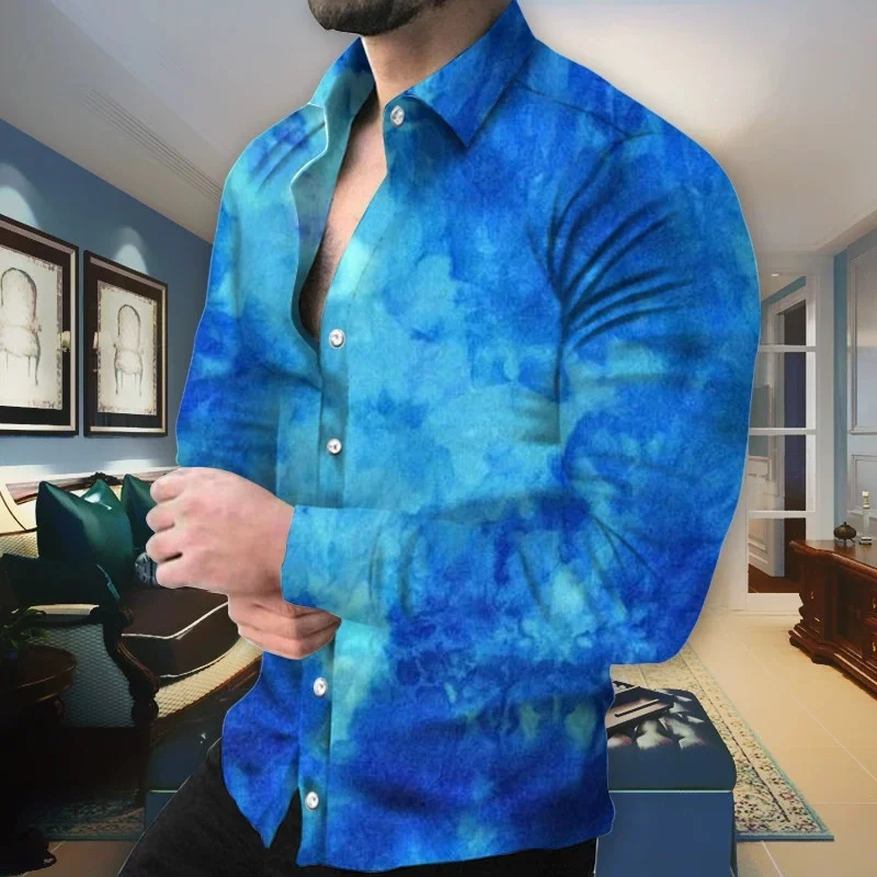 Men's gradient long sleeved shirt with trendy blend print collar shirt, street casual party men's top