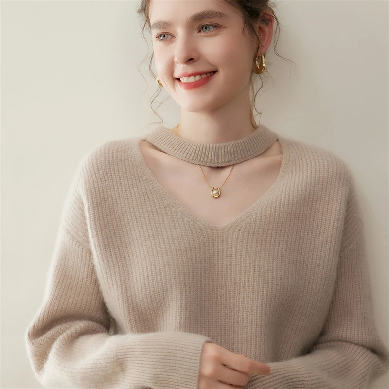 

Women Cashmere Sweater Hanging Neck V-neck Pullover Loose Thicken Autumn Winter 100% Cashmere Knitwear Jacquard Popular Clothes