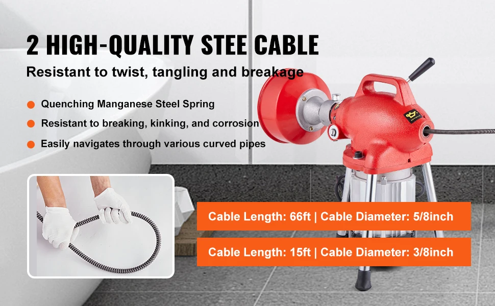 SucceBuy Drain Cleaner Machine 66FT 250W Electric Sewer Snake Auger Manual Feed Pipe Cleaner with 2 Sectional Steel Cables