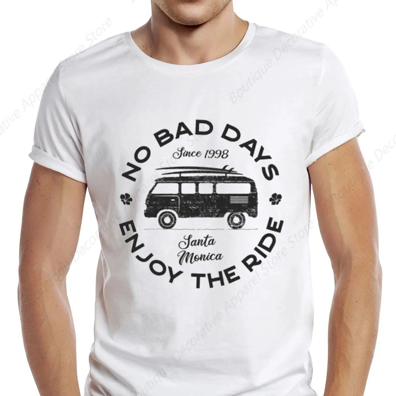 TEEHUB Retro Enjoy The Ride Men T Shirt Graphic Surfboard On Camper Bus Sport Cloth Vintage Campervan Casual Tops Hipster Tee