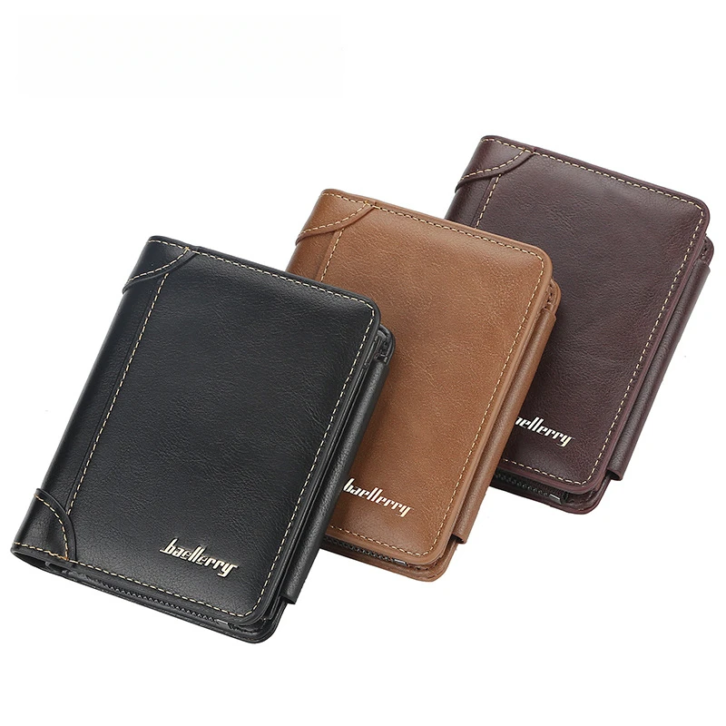 Men wallet PU leather fashion short zipper multi slot card holder men purse male fold wallets