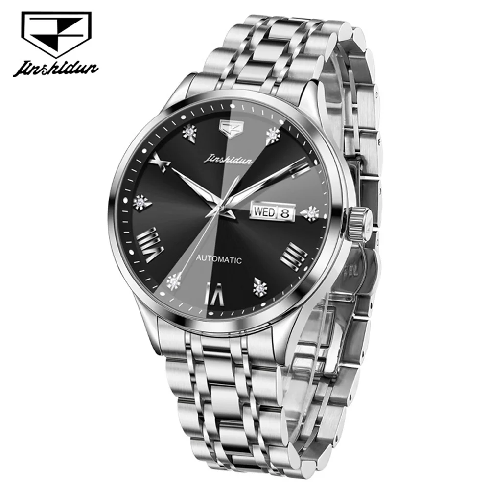 JSDUN 8998 Original Mens Watch Automatic Mechanical Watches for Men Stainless Steel Waterproof Super Luminous Day Date Watches