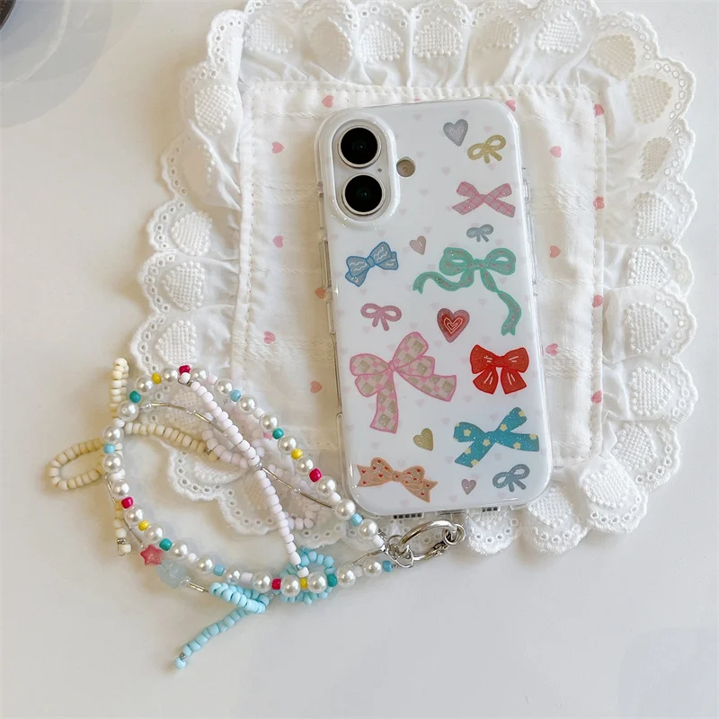 Custodia per telefono Bowknot di colore coreano di moda per iPhone 17 Pro 16 15 14 Pro Max Cover posteriore con cinturino a catena Simpatico cartone animato protettivo C
