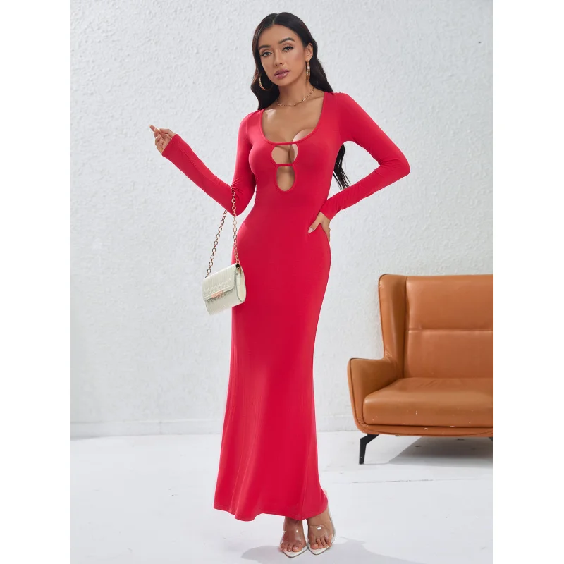 YQ1-المرأة الخريف والشتاء جديد سليم صالح Bodycon مثير الجوف خارج فستان طويل فستان الحفلات #3