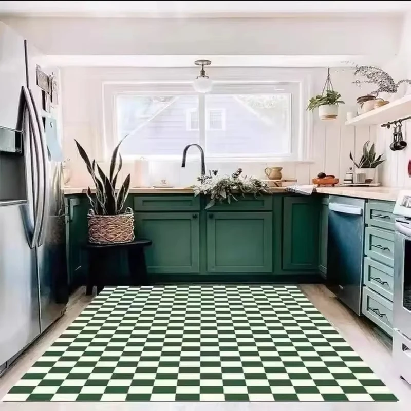 VIKAMA Carpet Checkered Living Room and Bedroom Carpet Green and White Checkered Modern Ins Moroccan Floor Mat Home Decoration