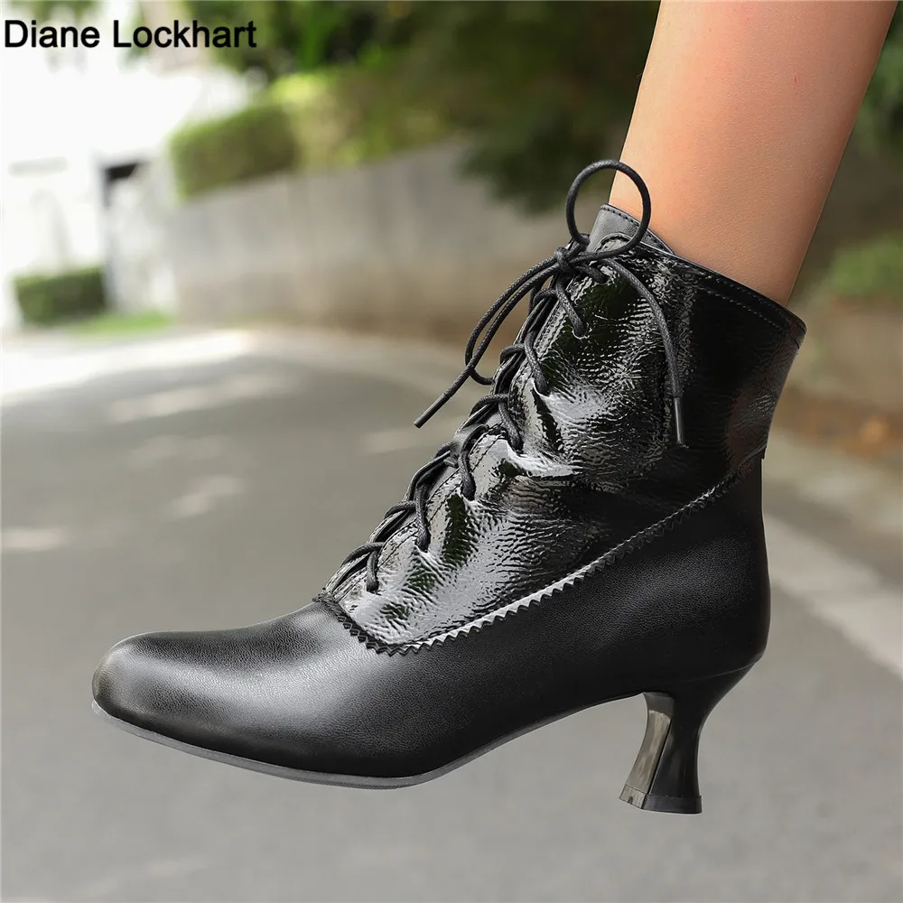 2024 Autumn New Lace Up Ladies High Heel Shoes Strange Steampunk Boot Victorian Ankle Boots Women Round Toe Side Zip Short Boots