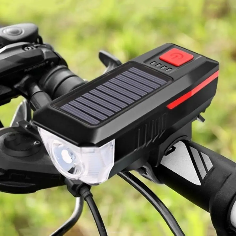 USB Rechargeable Solar Bicycle Light 3 Modes Strong Light Bike Headlight with Horn Power Display Bike Front Lamp Outdoor Cycling