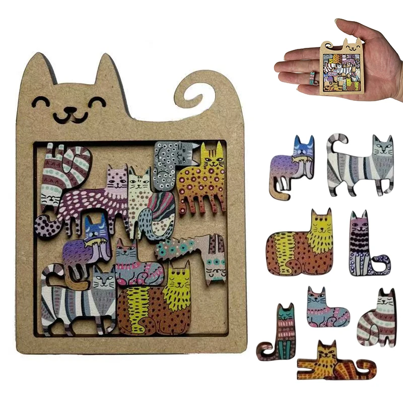 Puzzle in Legno a Forma di Gatto Irregolare, Gioco Espressivo, Forme Animali Uniche, Regalo Rilassante, Pezzo d'Arte Decorativo, Rompicapo