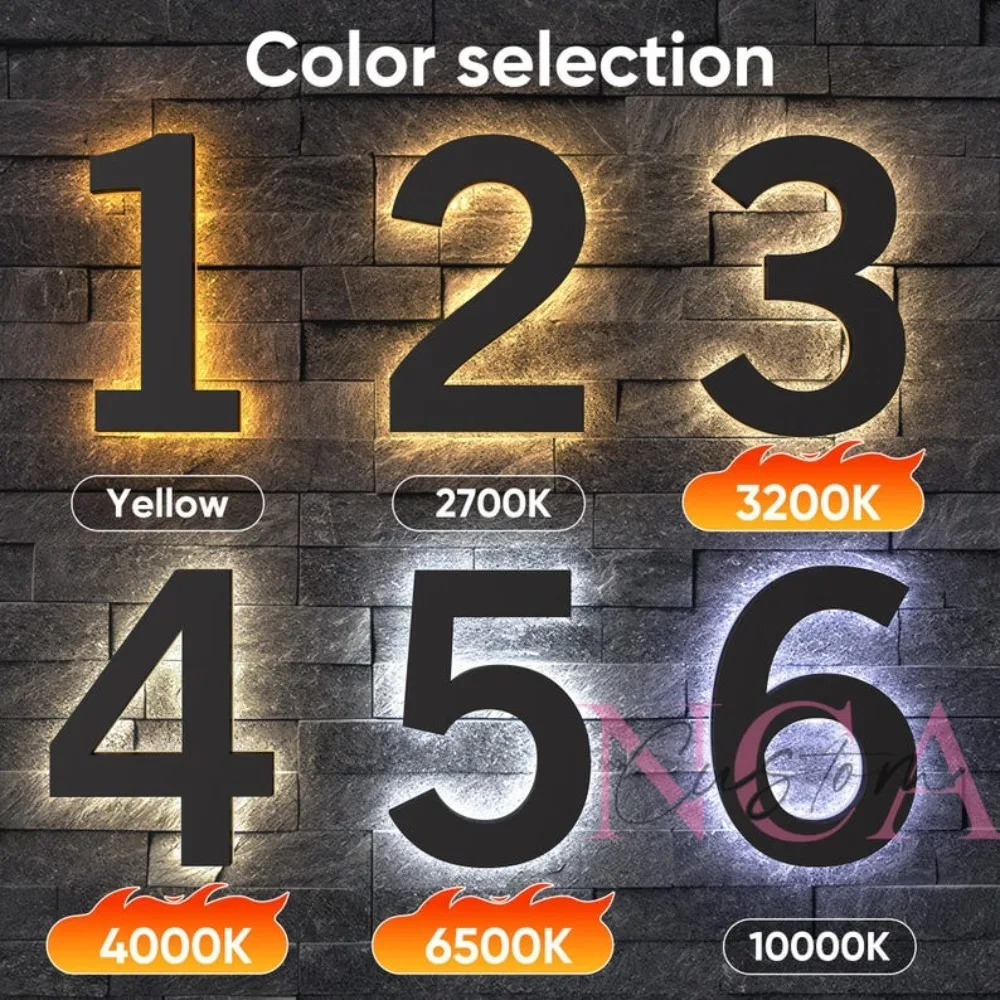 Metal 3D LED House Number Light Outdoor Stainless Steel Lighted Letter Sign Logo Address Plaque Home Hotel Door Plate Waterproof