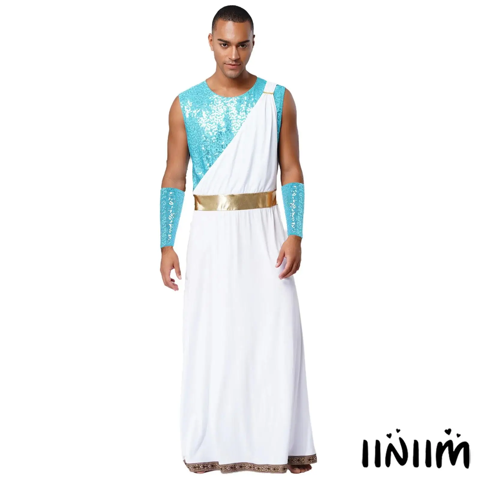 

Greek Roman Senator Halloween Costume for Men Round Neck Shiny Robe with Contrast Trim Fancy Dress Outfit for Gladiator Dress Up