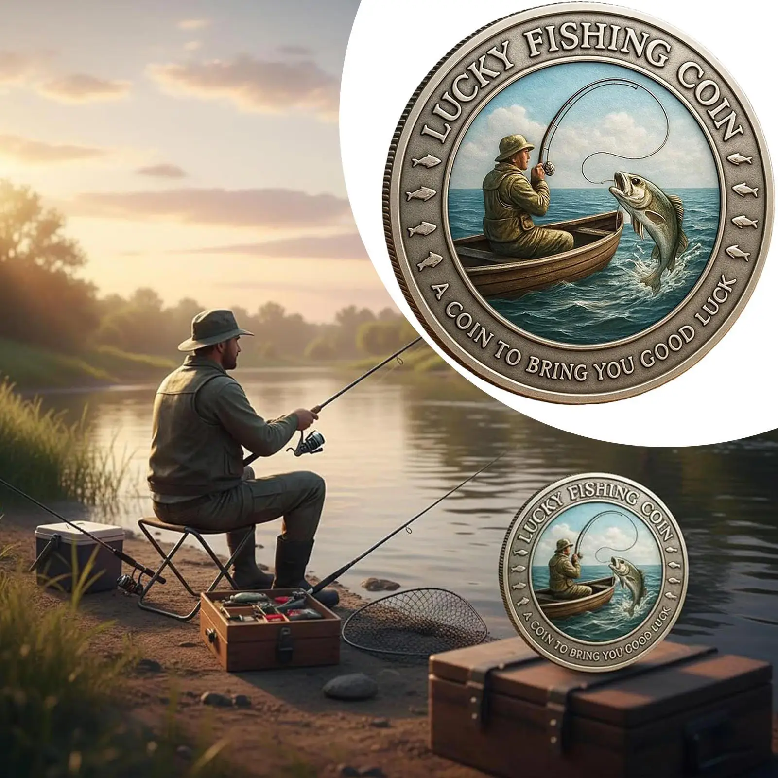 Challenge Coin Fisherman Metal Keepsake Collectible Coin for Angler Husband Luck Outdoor Fishing Activities Camping Lover