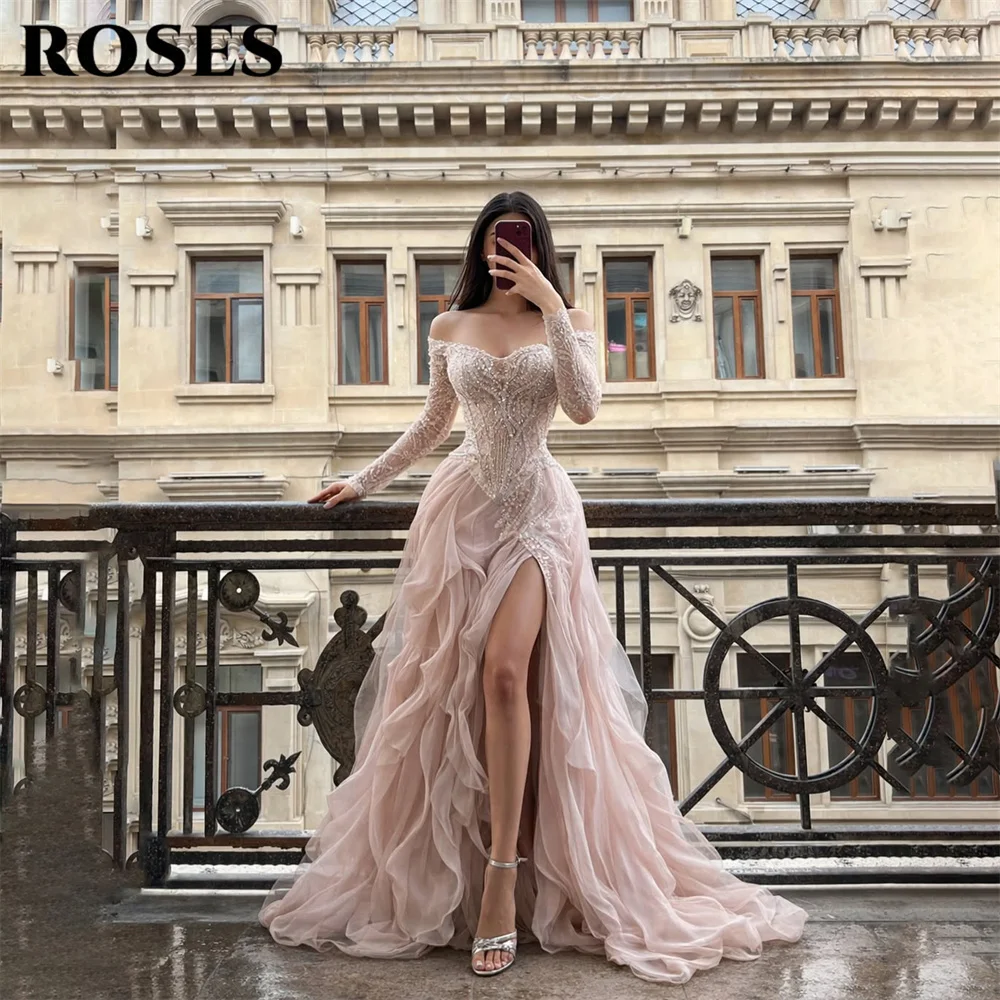 ROSES Pink Prom Dress Off Shoulder Long Sleeves Evening Dress Ruffled Organza Party Dress High Slit Dress for Wedding Customized