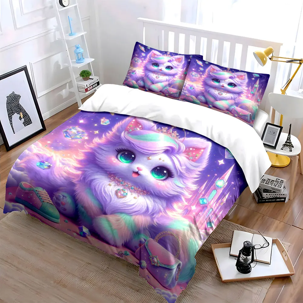 Dreamy colorful cat with magic gems Printed Duvet Cover Set1 Duvet Cover+2 PillowcaseMulti Size Bedroom Bedding Decor
