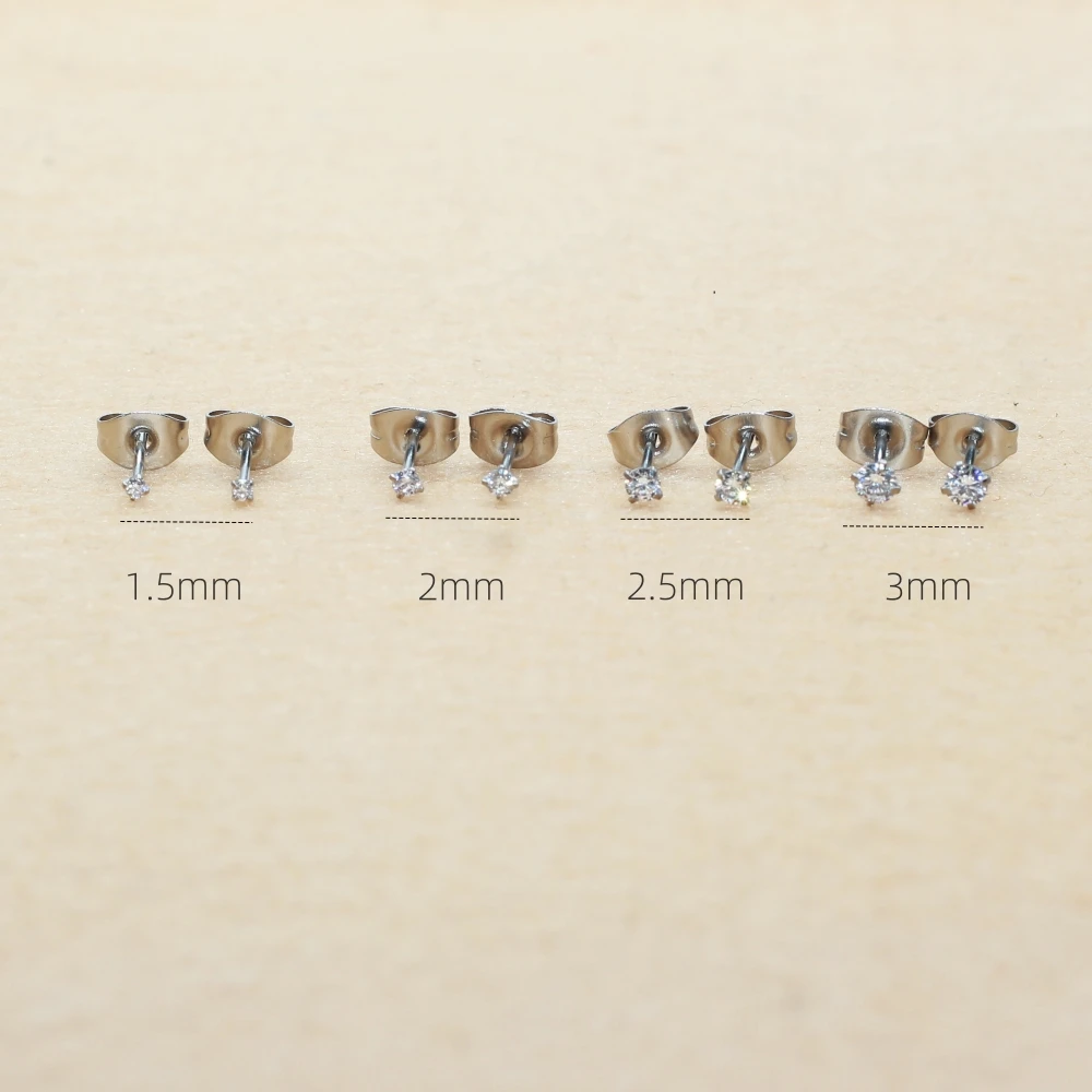Mini 1.5 2 2.5 3mm White AAA Zircons Stainless Steel Stud Earrings For Men Women Brief Style No Fade Allergy Free