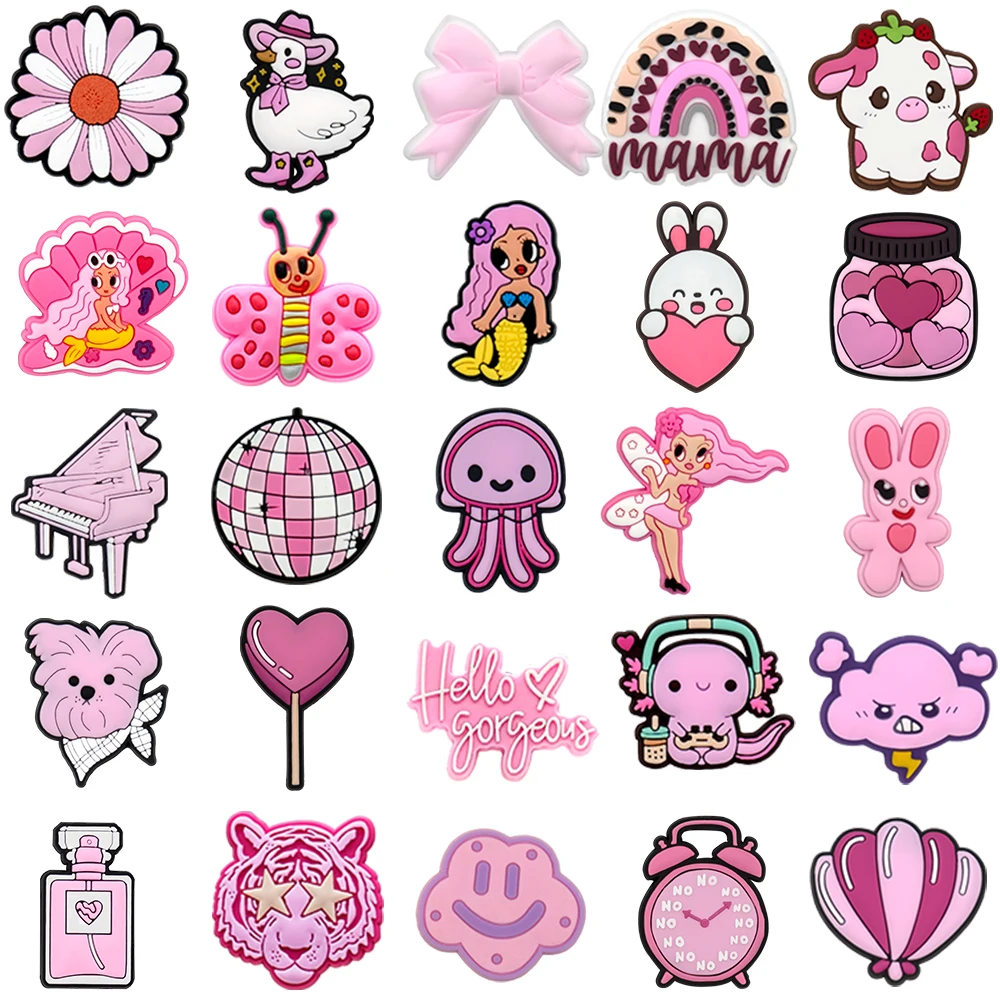 1/25 Pièces Breloques de chaussures en PVC roses mignonnes pour sabots, motifs Lapin, Sirène, Papillon, Cœur, Accessoires DIY pour filles et adolescentes, Boucles de sabots