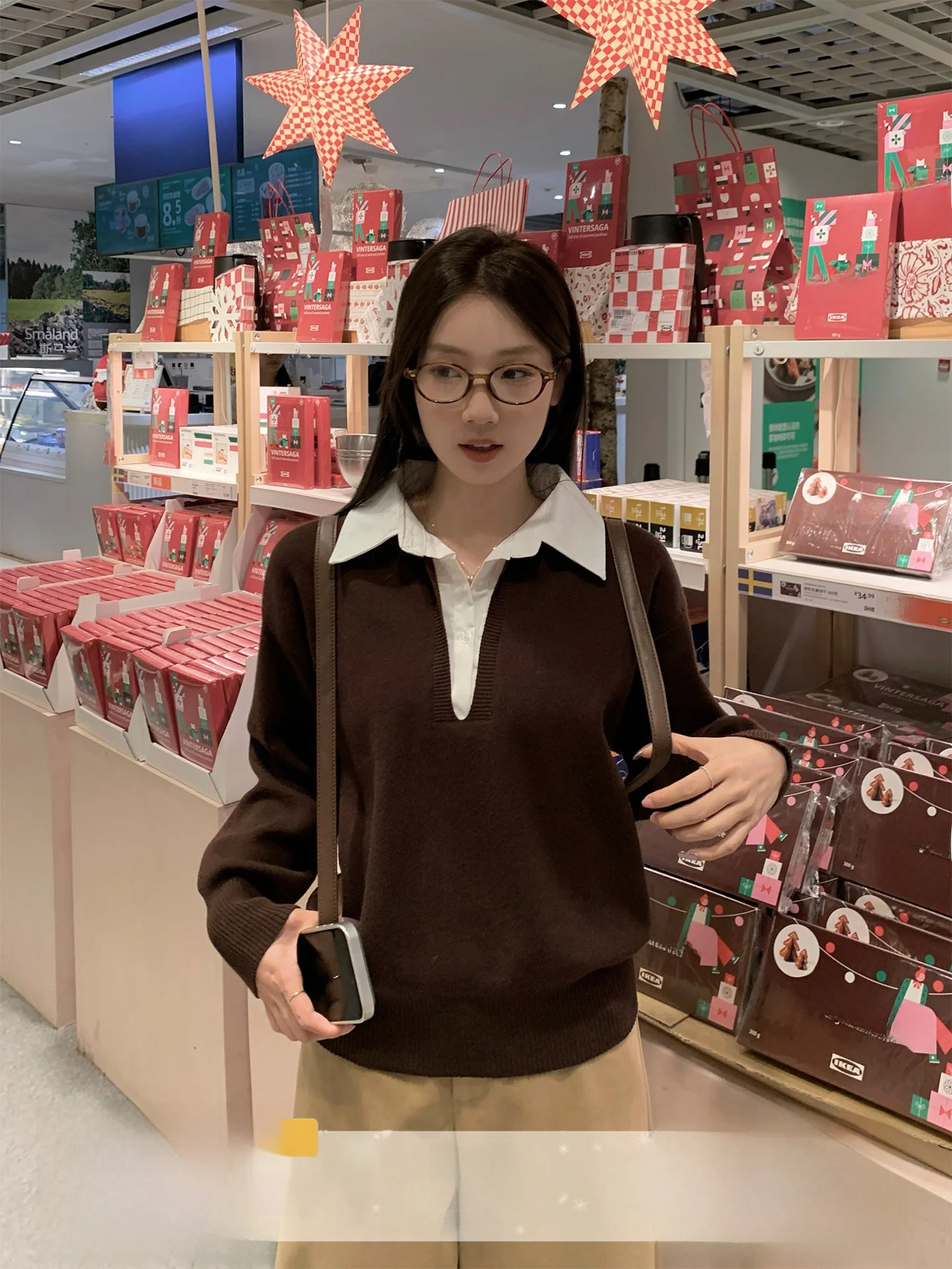 

Women's Neck Knitted Sweater Coffee Color Casual Loose Style Winter Commute Top Fake Two-Piece Warm Polyester Blend