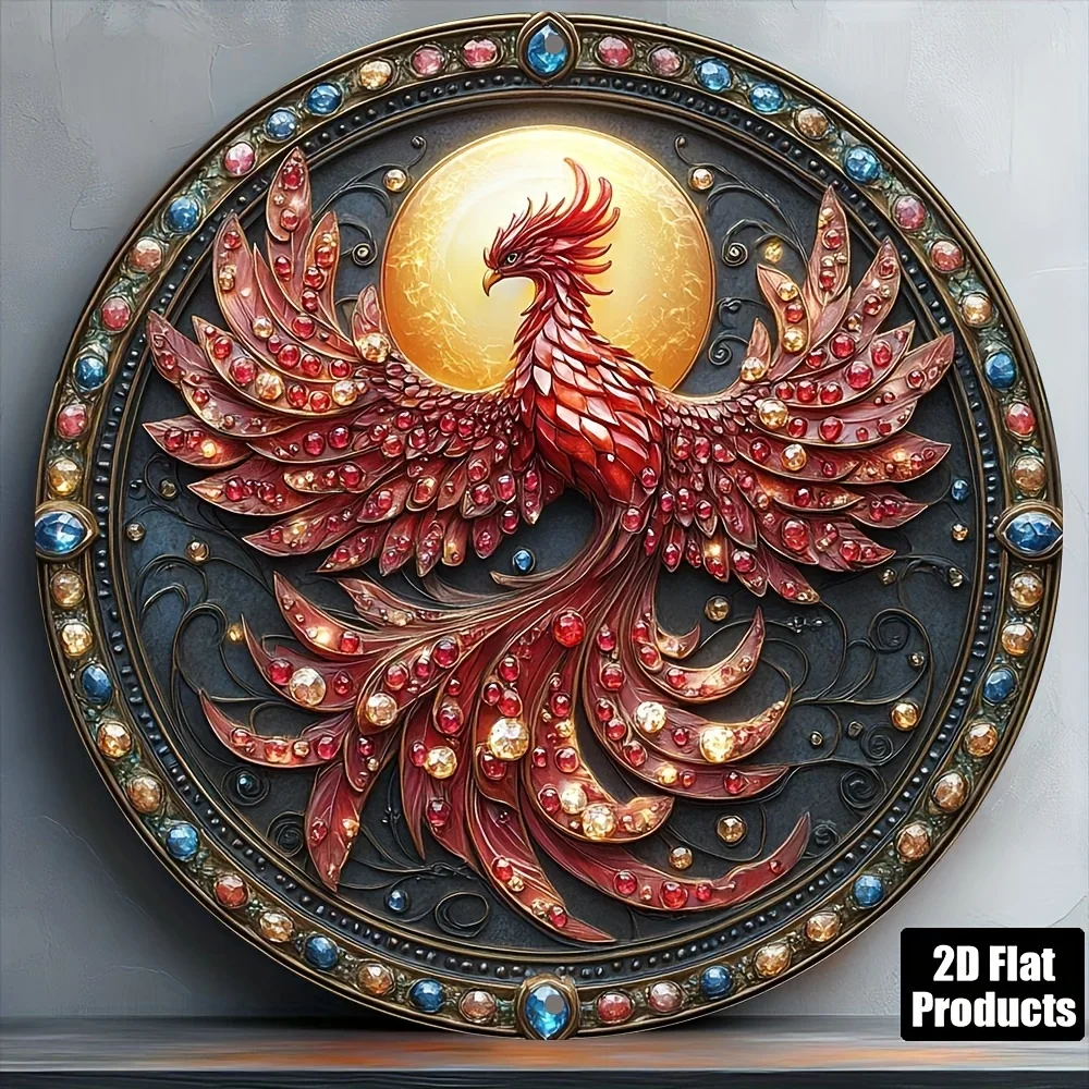 Vintage 2D Phoenix Round Aluminum Wall Art 8x8 Inch Waterproof Durable Decor For Home Bar Kitchen Cafe Office