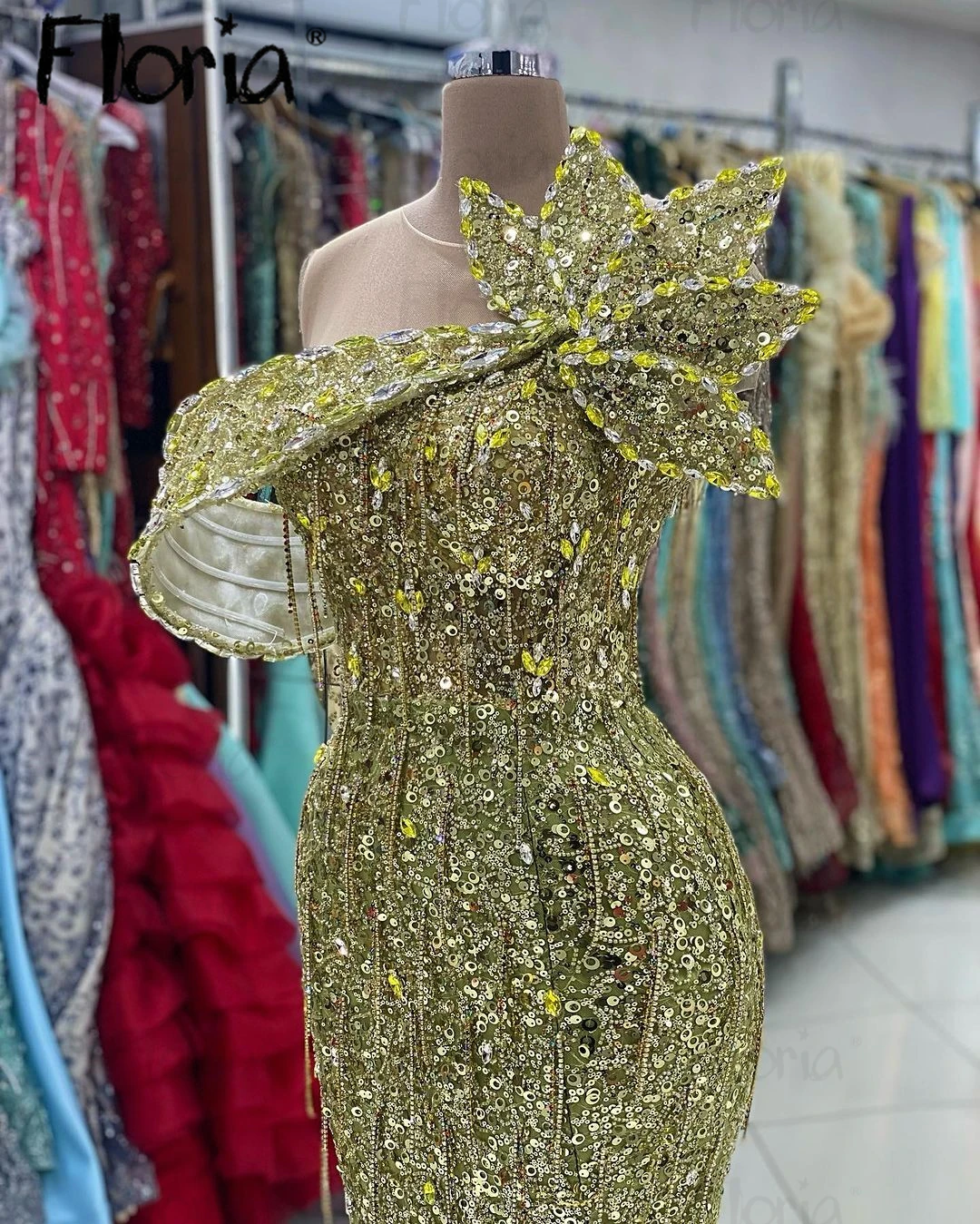 

New Beading Sequins Avocado Party Dresses Long Mermaid Luxury Formal Occasion Dresses Arabic Off Shoulder فساتين مناسبة رسمية