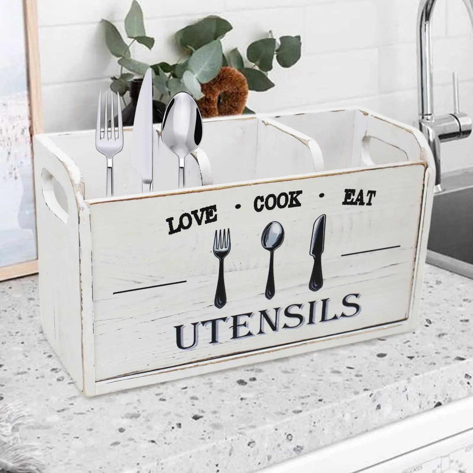 Wooden Utensil Holder Countertop Organizer for Kitchen Cutlery Spoon Fork Knives Tableware Storage Vertical Bin view 3