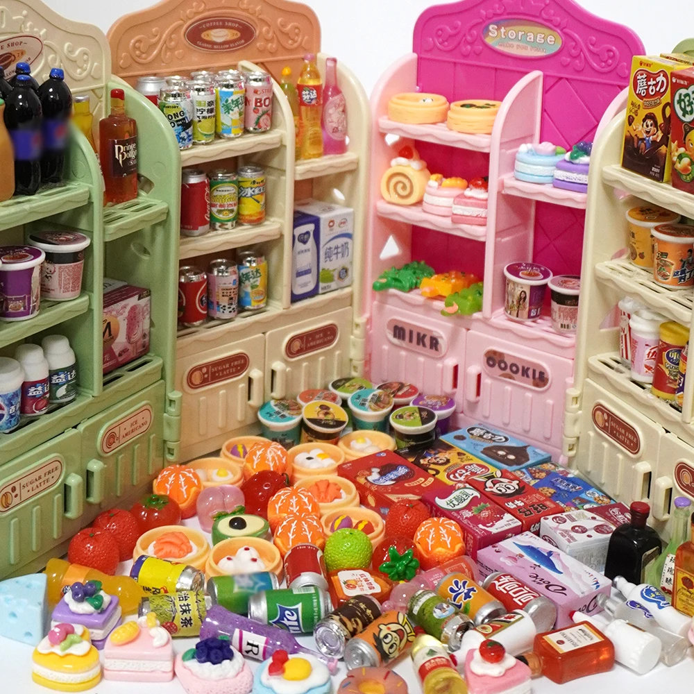 Miniestante de cocina para niñas, mueble en miniatura de 30 piezas, para postres, bebidas, comida, supermercado, tienda, casa de muñecas