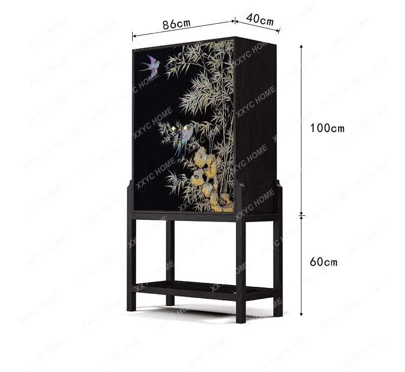 A Bamboo forest flowers and birds solid wood chest entrance living room storage cabinet