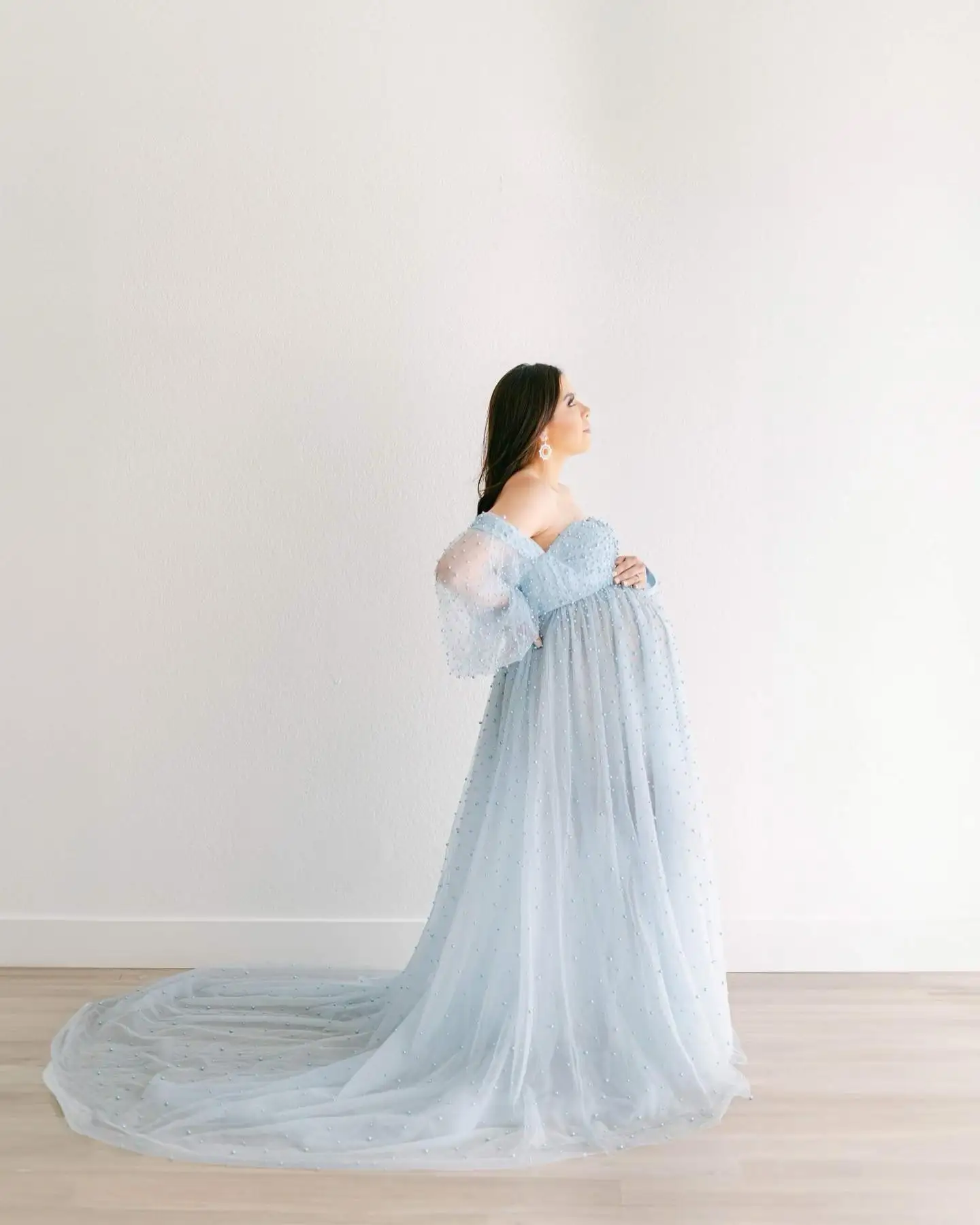 Gaun bersalin mutiara biru langit jubah Tulle lengan penuh Sweetheart gaun pesta Prom untuk fotografi gaun malam seksi buatan khusus