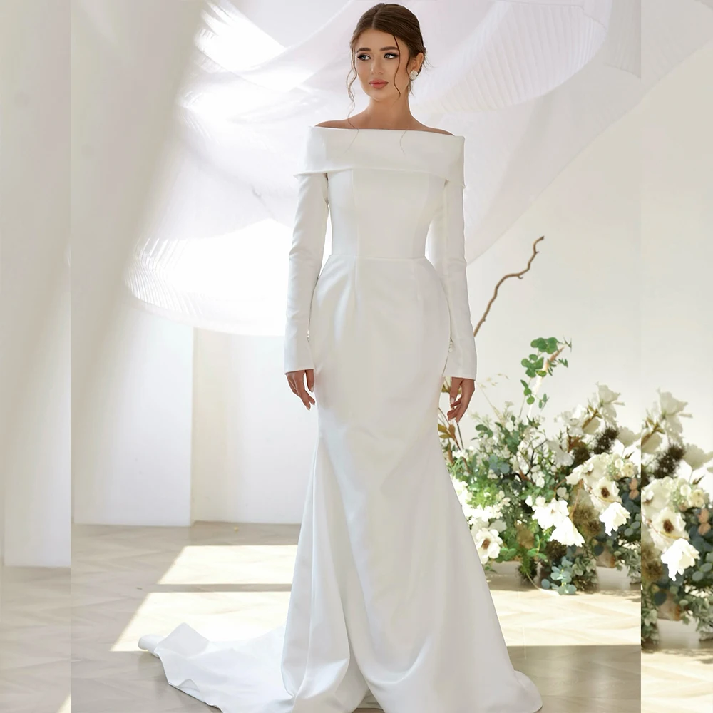 

Fashion Wedding Dresses Off Shoulder Long Sleeve Brides Dress Mermaid Satin Garden Beach Bridal Gown Customized robe de mariée