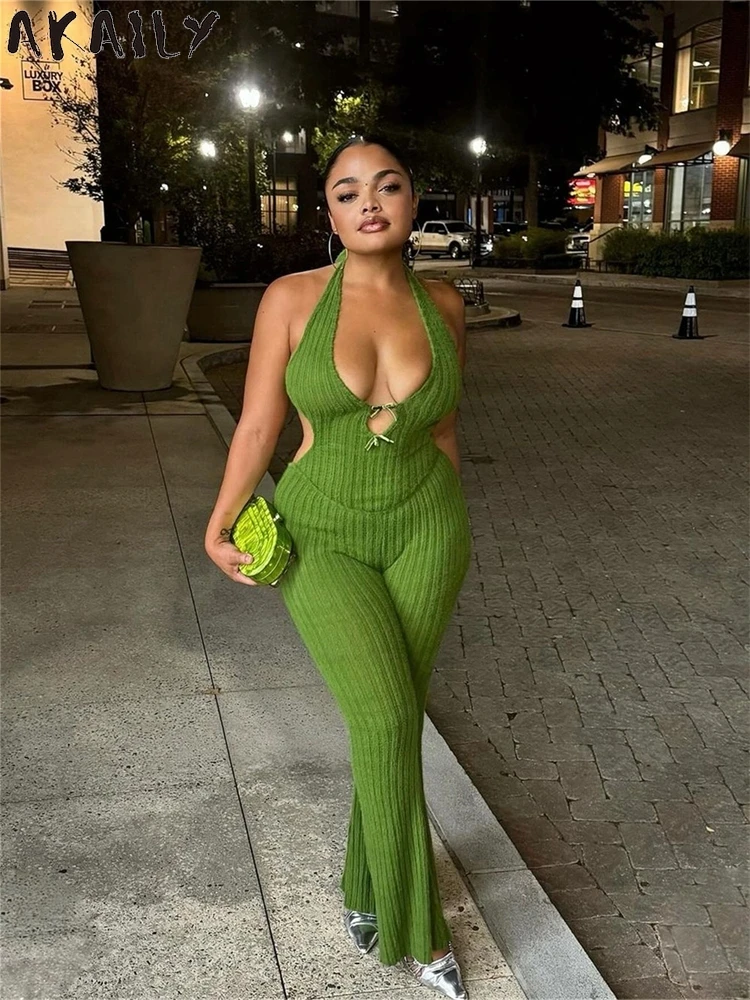 Akaily Fall Winter Green Fuzzy Knit Halter Backless Jumpsuit Night Party Wear For Women 2024 Crisscross Sleeveless Sexy Rompers