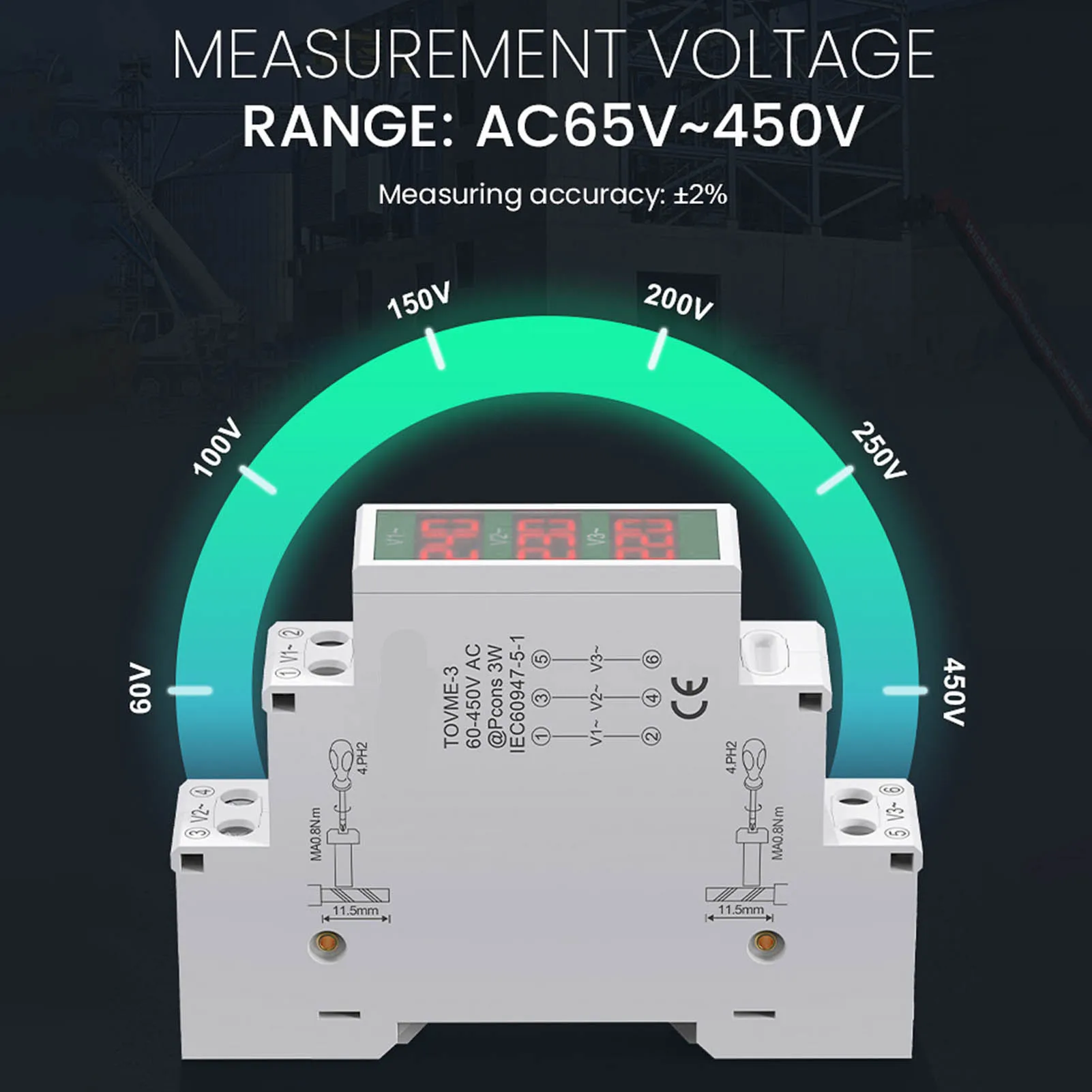 60‑450V 3 Phase AC Voltmeter Din Rail Mount LCD Digital Display Voltage Meter Electric Power Meter 60‑450V