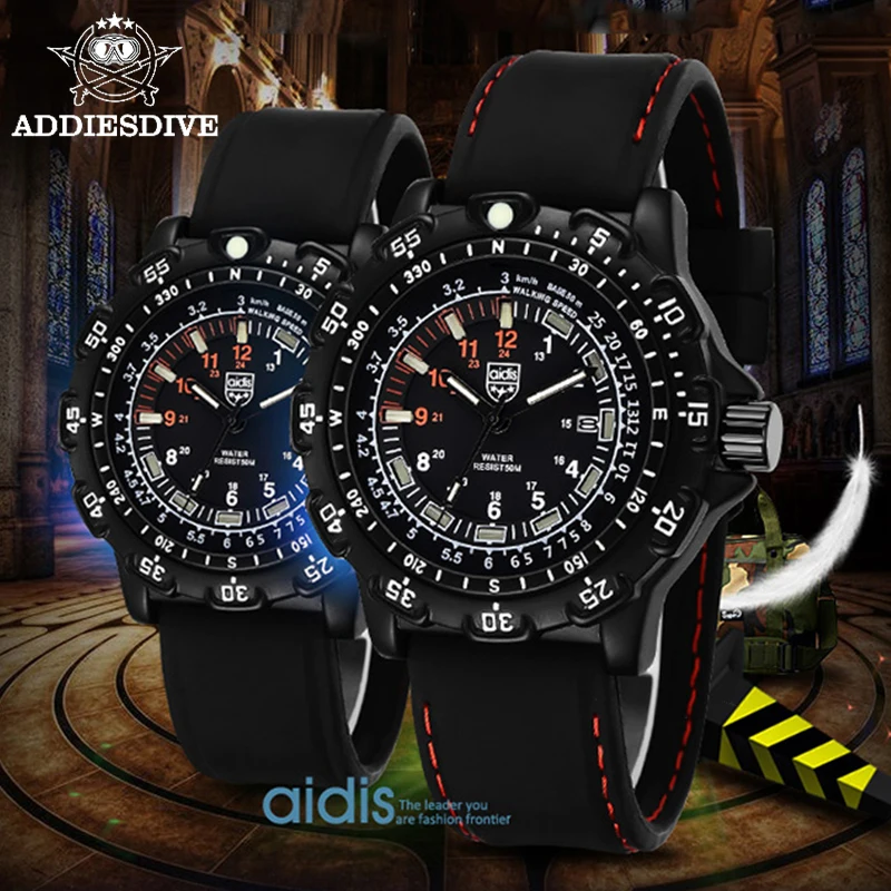 ADDIESDIVE Military Man Quartz Watch Outdoor Sports Luminous Black Silicone Casual Wristwatch 5ATM Waterproof Relogio Masculino