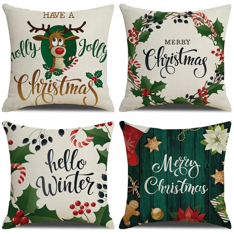 

Christmas Deer Printing Cushion Cover for Sofa Home Decorative Linen Pillowcase Living Room New Year Throw Pillow Cover