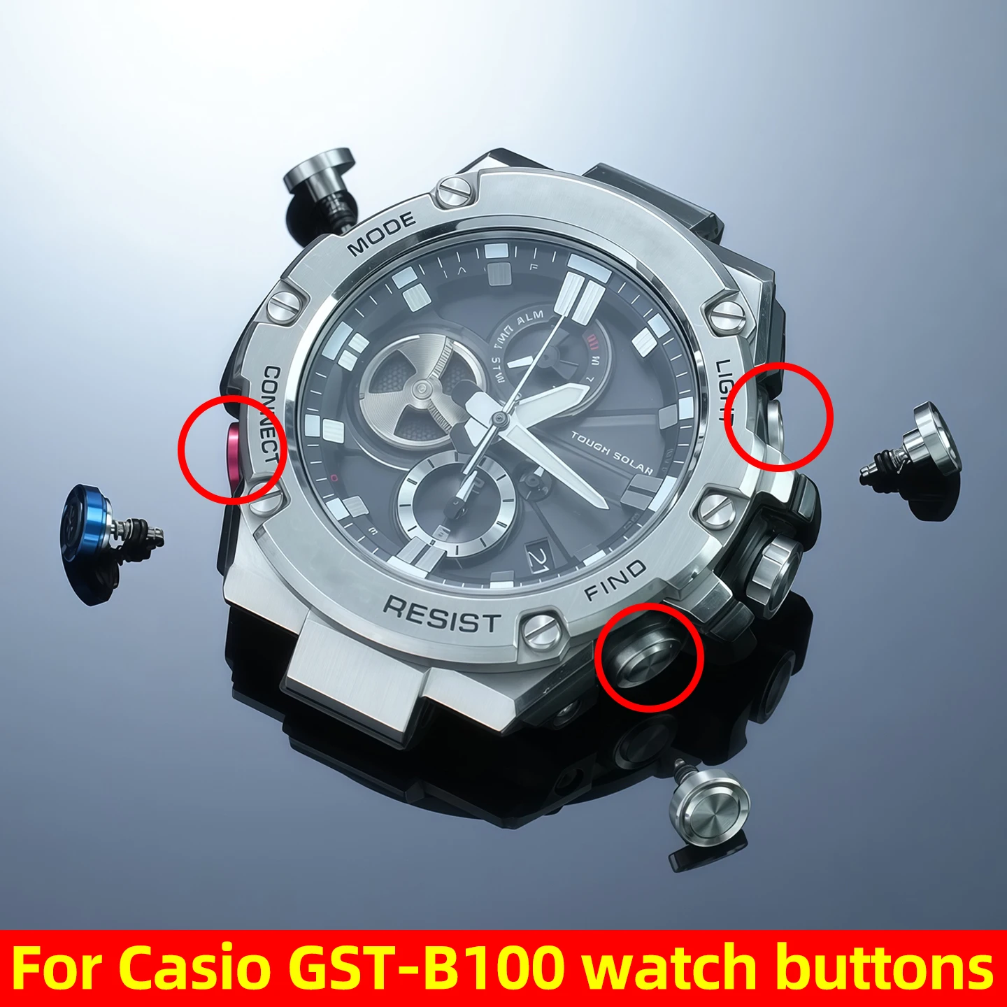 

Для часов Casio G-SHOCK серии GST-B100: функции часов и кнопки Bluetooth, аксессуары GSTB100, запасные части для боковых кнопок часов.