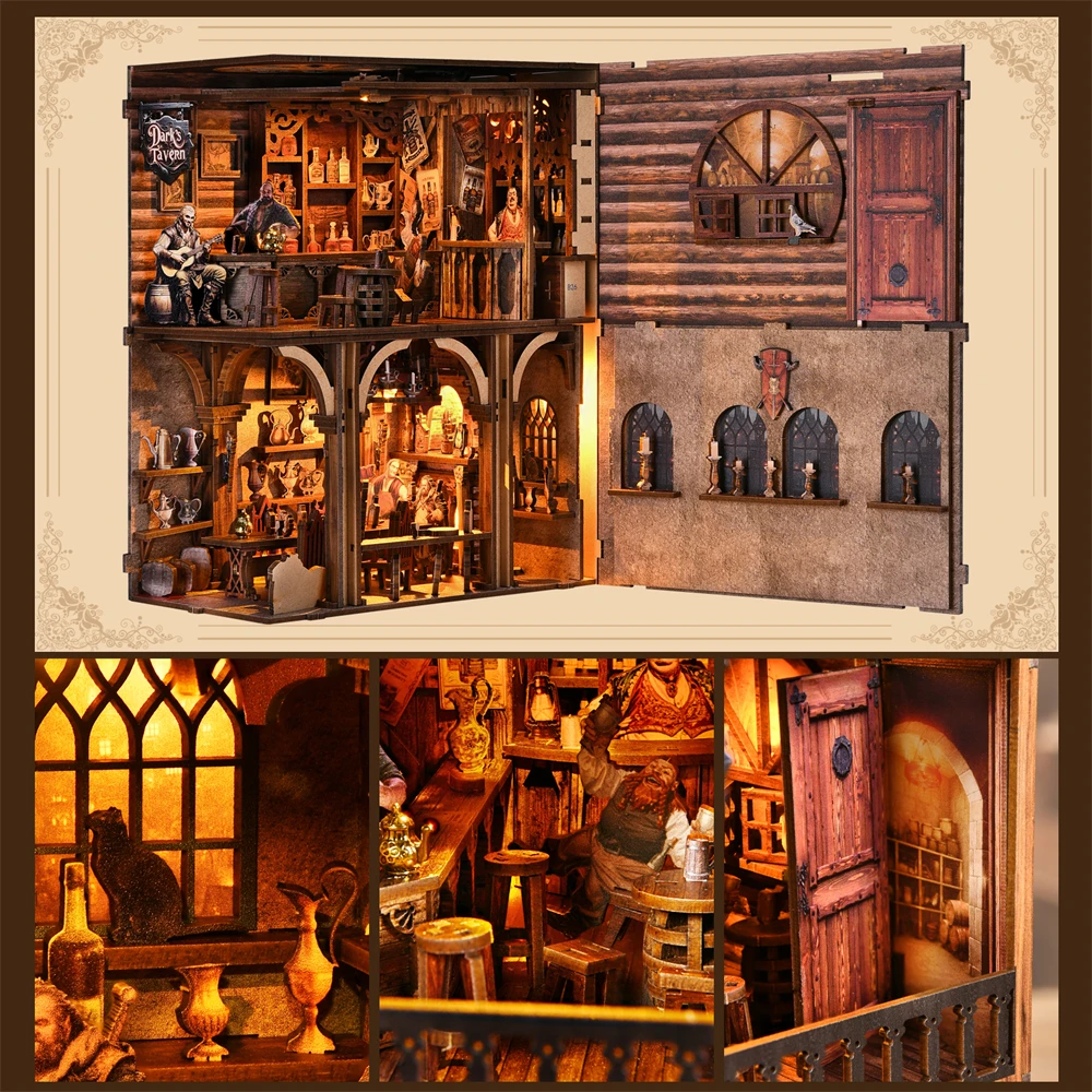 Livro nook kit sean bar diy quebra-cabeça de madeira barra de uísque cerveja estante casa de bonecas modelo estante construção decoração para casa