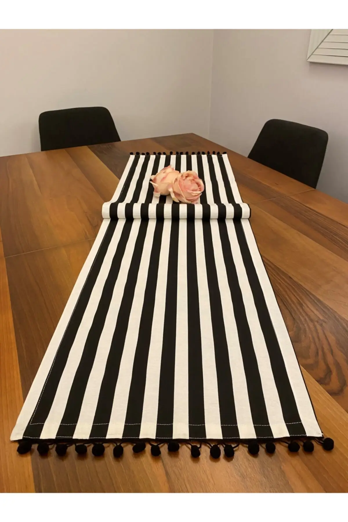 Striped Runner Tablecloth with Black Pompom. Kitchen, Table Accessory, Plate Base, Dining Room Stain resistant fabric