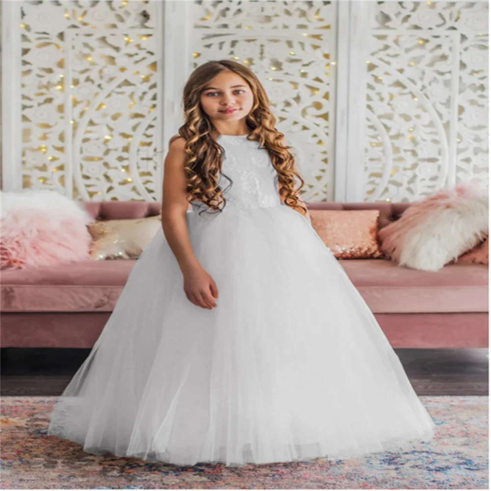 White Lace Appliqué Fluffy Flower Kids Tulle Birthday Princess First Communion Formal Event Custom Dress