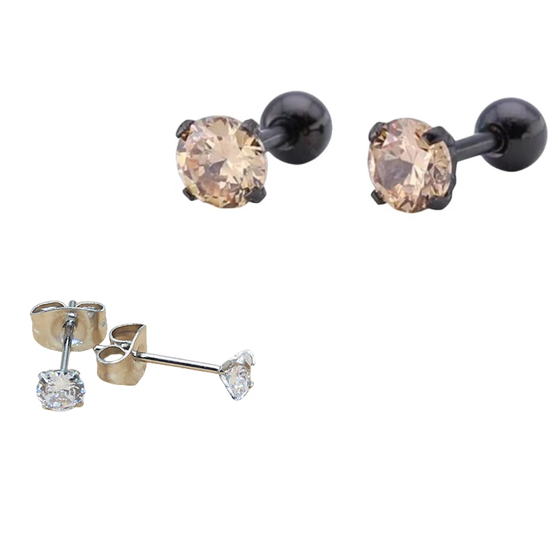 Hypoallergenic Titanium 316L Stainless Steel Screw Stud Earrings Black Plated With 4mm Champagne AAA Zircon No Fade Allergy Free