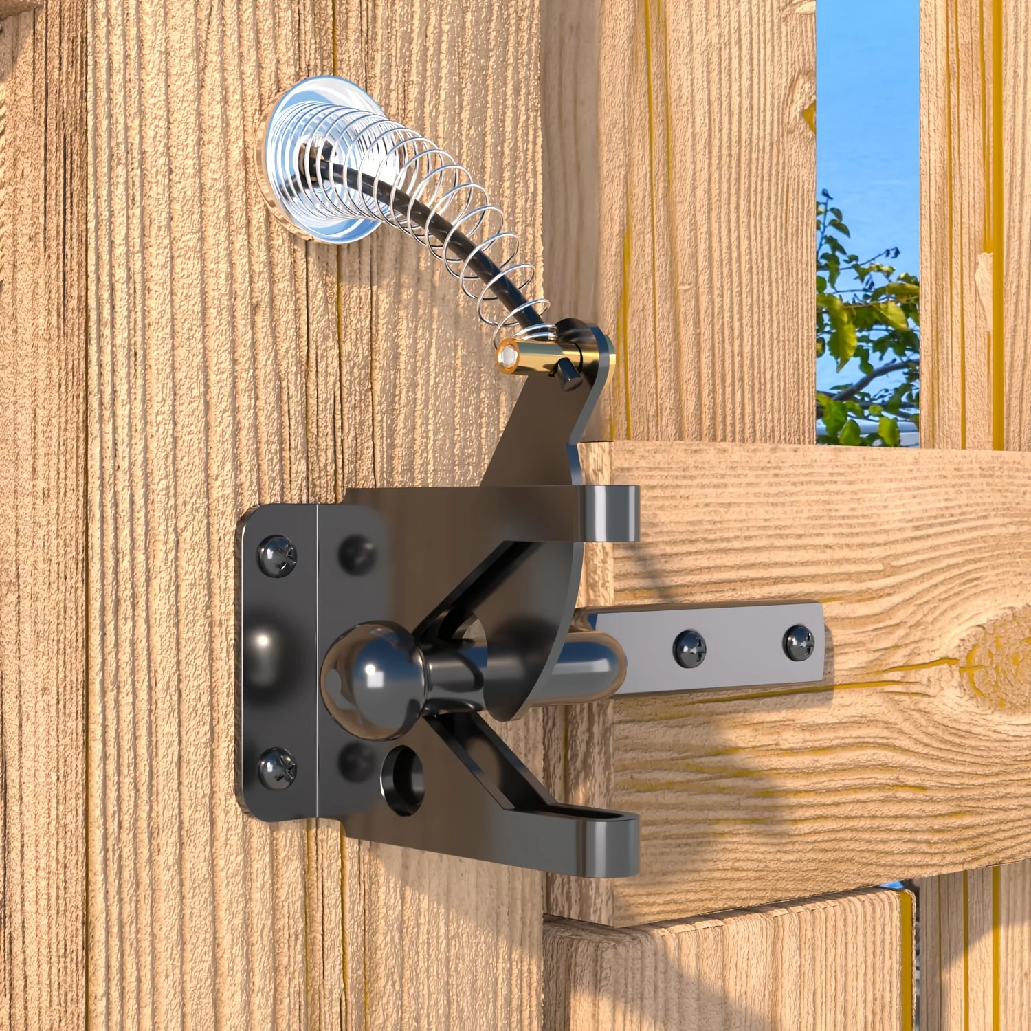 Gate Latch with Spring Cable Pull for Fence - Carbon Steel, Self Locking Fence Gate Latch, Gate Latch for Wooden Fence