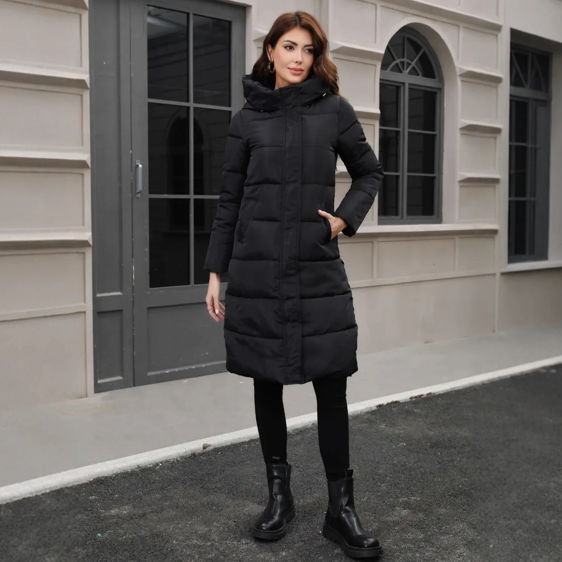 Winter New Coat European And American Temu Aliexpress Amazon Cross-Border Hooded Thickened Cold-Resistant Slim Fit Long Cotton