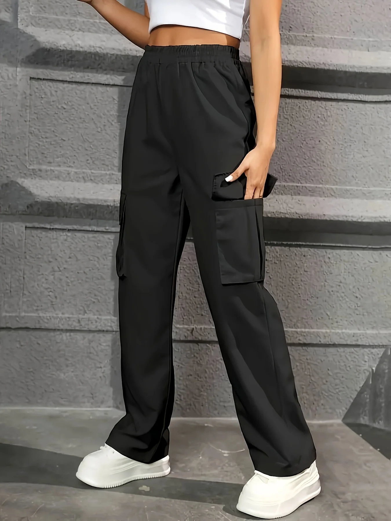 Elastic Waist Fashionable Workwear Pants, High Waist Wide Leg Pants Loose Solid Color Casual Sports Pants, WOMEN\'S Sportswear