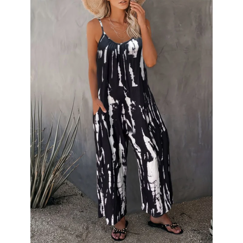 

New Style Jumpsuit Printed Split Skirt Irregular Tie-Dye Pocket Fashionable Elegant