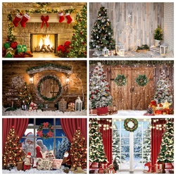 Christmas Backdrop for Photography Winter Xmas Tree Window Fireplace Gifts Wood Door Baby Family Party Portrait Photo Background