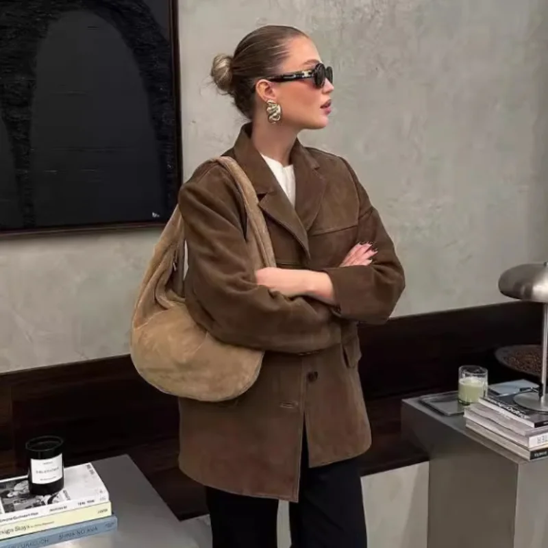 

Stylish Vintage Jacket Lapel Pocket Brown Coat Trendy Classic Timeless Versatile Chic Women's 2025 Fall Fashion Outerwears