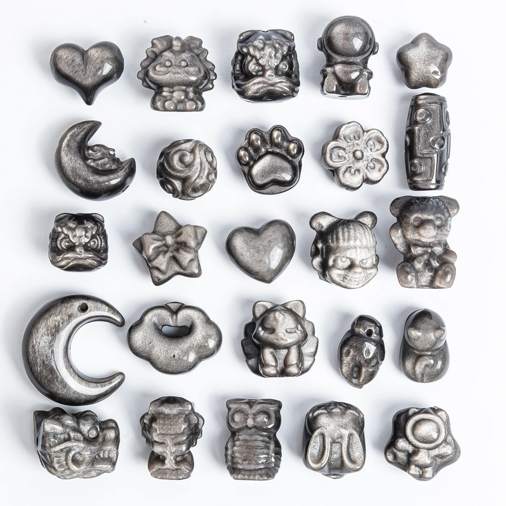 

5Pcs Natural Silver Obsidian Carved Charm Beads with Sparkle Flash for DIY Necklace Bracelet Keychain Crafting with Hole