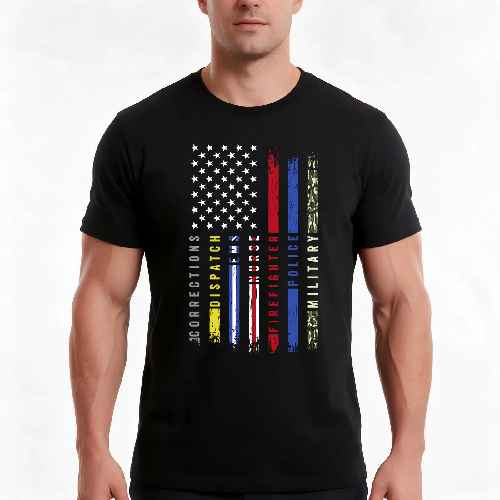 First Responders Hero Flag USA Thin Line Salute T-Shirt, Summer Casual Cotton Tee, Oversized Streetwear Tops, Unisex Men Women