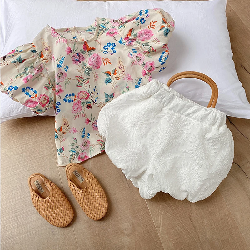 Children\'S Clothing Sets 2022 Summer New Girls Fashion Kids Outfit Girls\' Floral Puff Sleeve Top +Lantern Shorts Baby Kids Suits